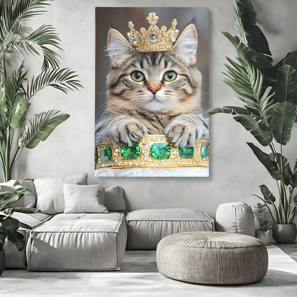 Tablou Canvas Premium, LuxCanva® M1227, Regele Smarald, Motan, Blanita, Coroana, Rege, Bijuterie, Diamante, Regat, Smarald, Nobil, Pufos, Portret, Birou, Living, Camera Copil