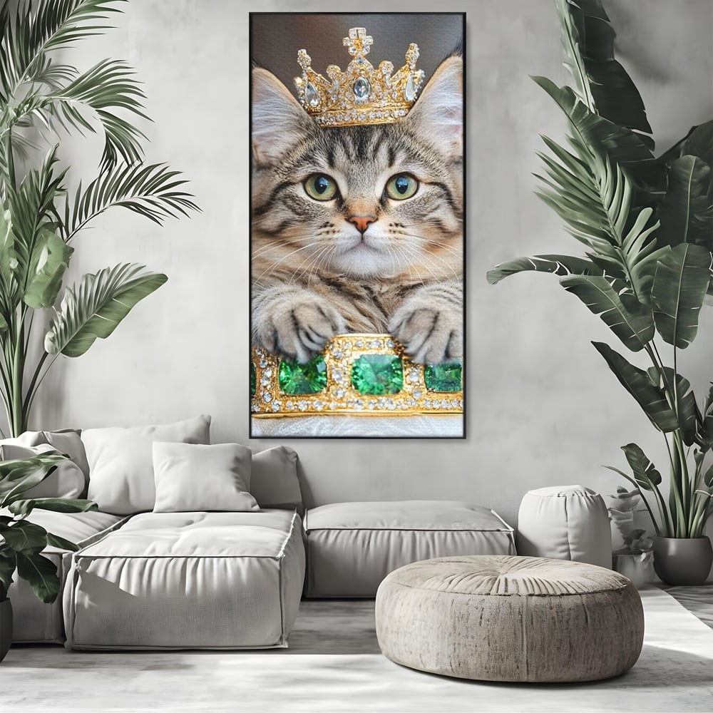 Tablou Canvas Premium, LuxCanva® M1227, Regele Smarald, Motan, Blanita, Coroana, Rege, Bijuterie, Diamante, Regat, Smarald, Nobil, Pufos, Portret, Birou, Living, Camera Copil