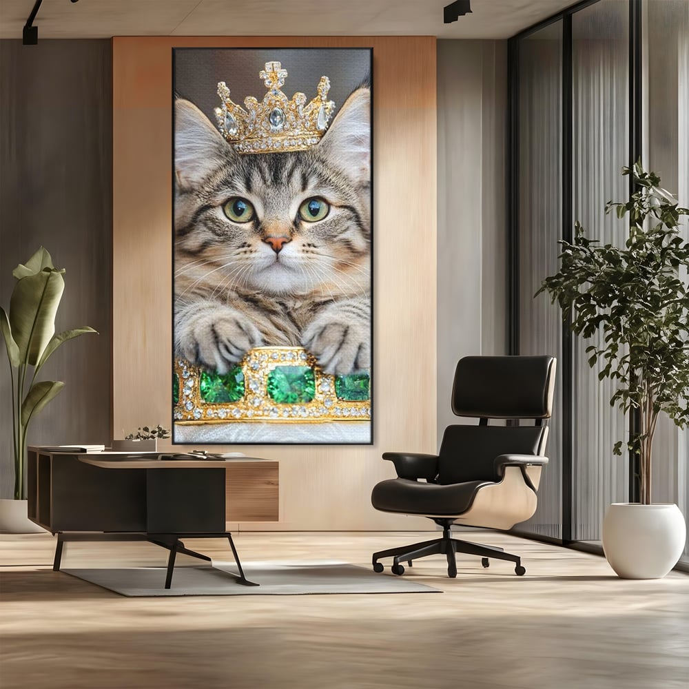Tablou Canvas Premium, LuxCanva® M1227, Regele Smarald, Motan, Blanita, Coroana, Rege, Bijuterie, Diamante, Regat, Smarald, Nobil, Pufos, Portret, Birou, Living, Camera Copil