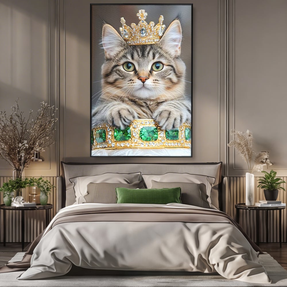 Tablou Canvas Premium, LuxCanva® M1227, Regele Smarald, Motan, Blanita, Coroana, Rege, Bijuterie, Diamante, Regat, Smarald, Nobil, Pufos, Portret, Birou, Living, Camera Copil