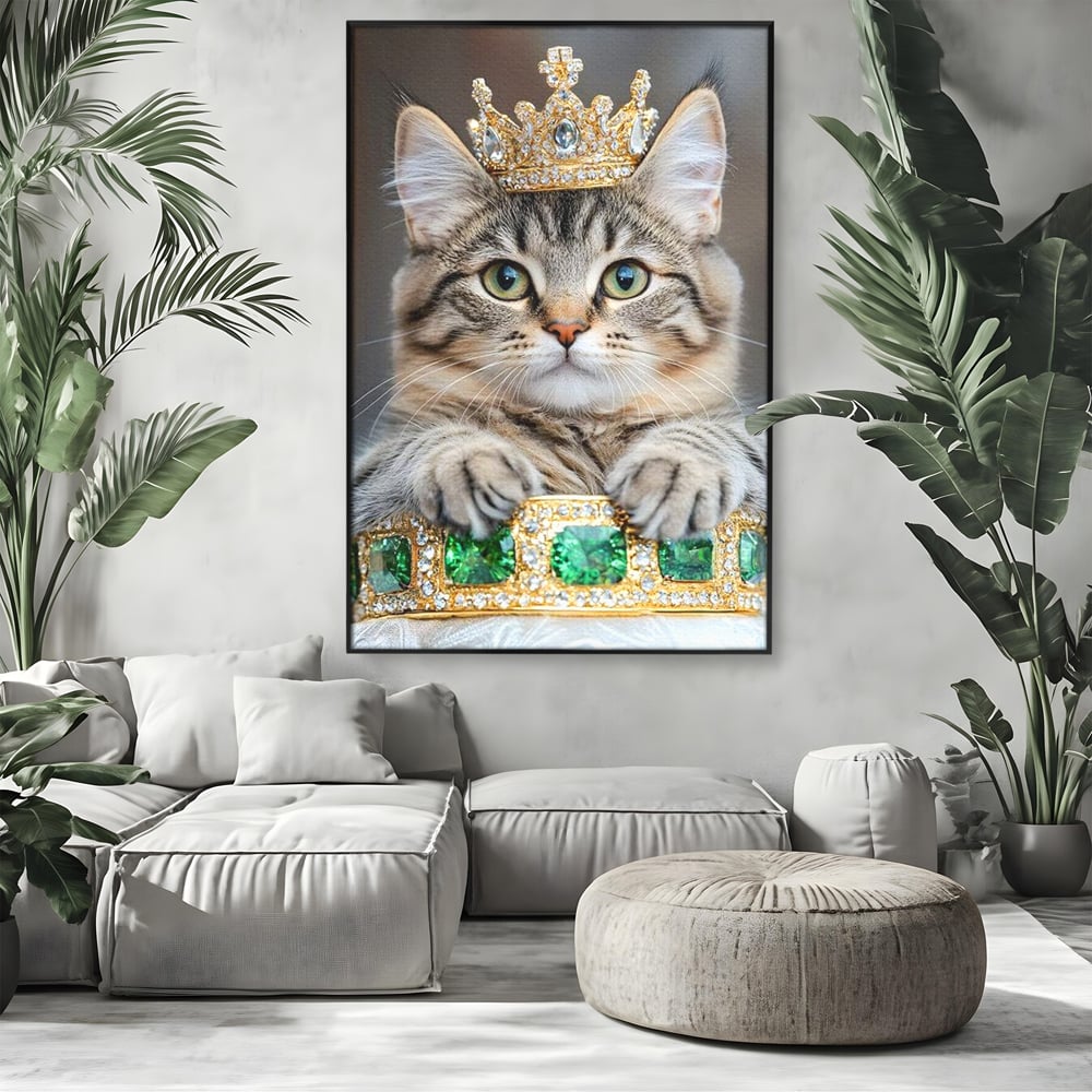 Tablou Canvas Premium, LuxCanva® M1227, Regele Smarald, Motan, Blanita, Coroana, Rege, Bijuterie, Diamante, Regat, Smarald, Nobil, Pufos, Portret, Birou, Living, Camera Copil