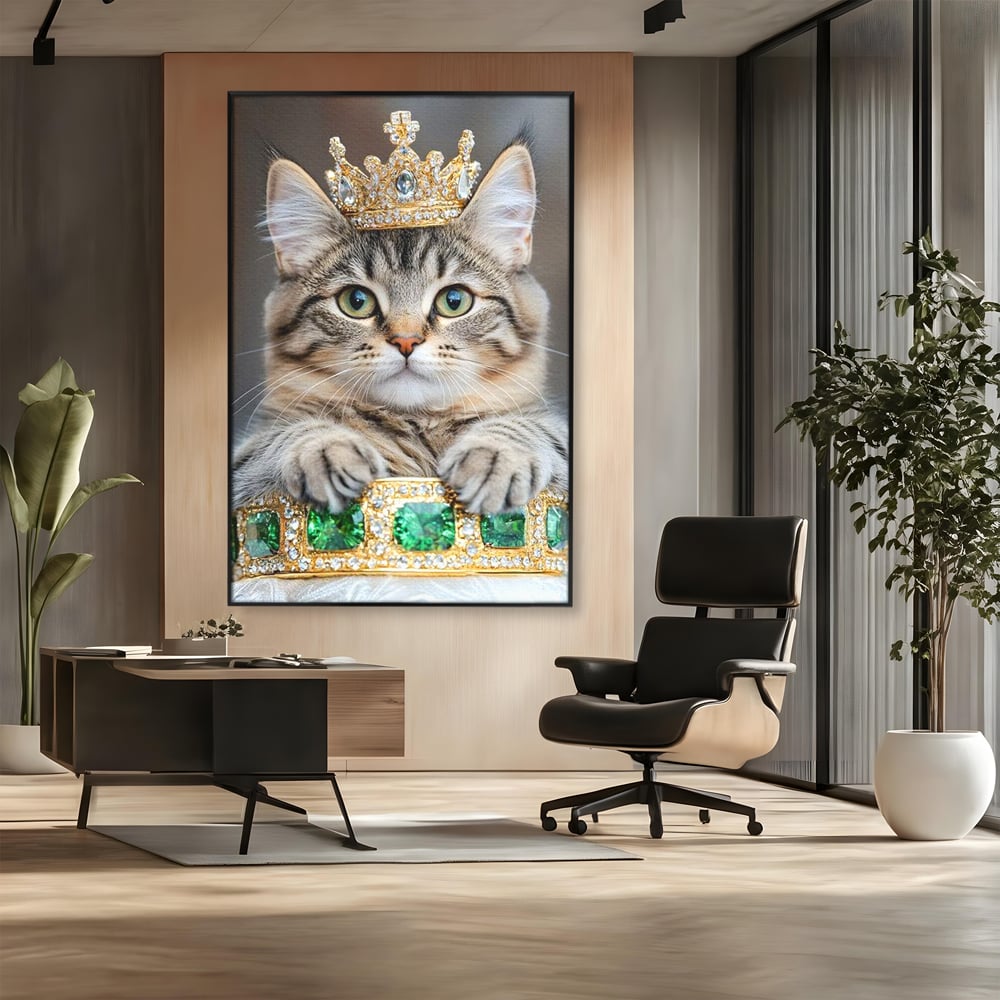 Tablou Canvas Premium, LuxCanva® M1227, Regele Smarald, Motan, Blanita, Coroana, Rege, Bijuterie, Diamante, Regat, Smarald, Nobil, Pufos, Portret, Birou, Living, Camera Copil