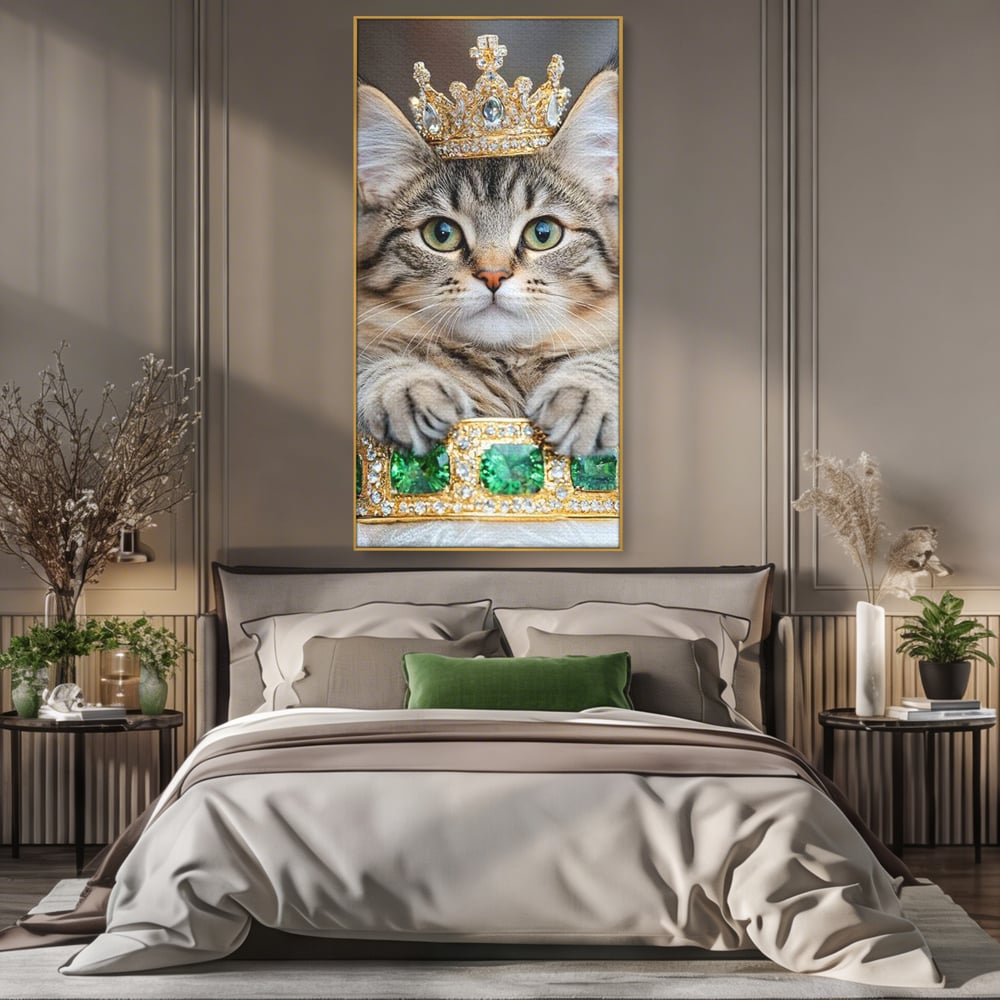 Tablou Canvas Premium, LuxCanva® M1227, Regele Smarald, Motan, Blanita, Coroana, Rege, Bijuterie, Diamante, Regat, Smarald, Nobil, Pufos, Portret, Birou, Living, Camera Copil
