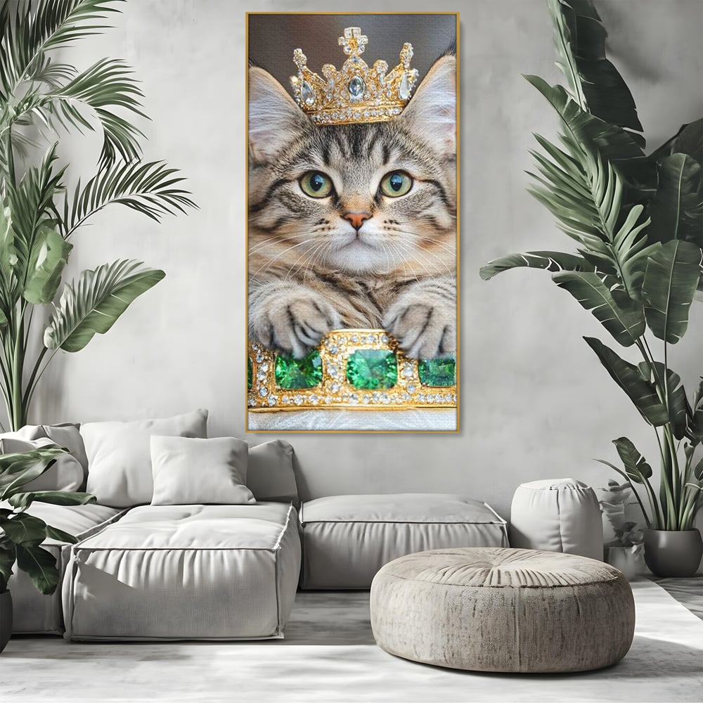 Tablou Canvas Premium, LuxCanva® M1227, Regele Smarald, Motan, Blanita, Coroana, Rege, Bijuterie, Diamante, Regat, Smarald, Nobil, Pufos, Portret, Birou, Living, Camera Copil
