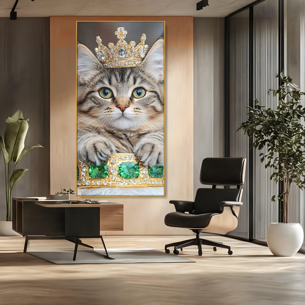 Tablou Canvas Premium, LuxCanva® M1227, Regele Smarald, Motan, Blanita, Coroana, Rege, Bijuterie, Diamante, Regat, Smarald, Nobil, Pufos, Portret, Birou, Living, Camera Copil