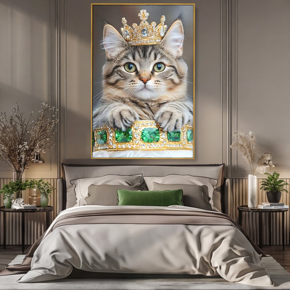Tablou Canvas Premium, LuxCanva® M1227, Regele Smarald, Motan, Blanita, Coroana, Rege, Bijuterie, Diamante, Regat, Smarald, Nobil, Pufos, Portret, Birou, Living, Camera Copil