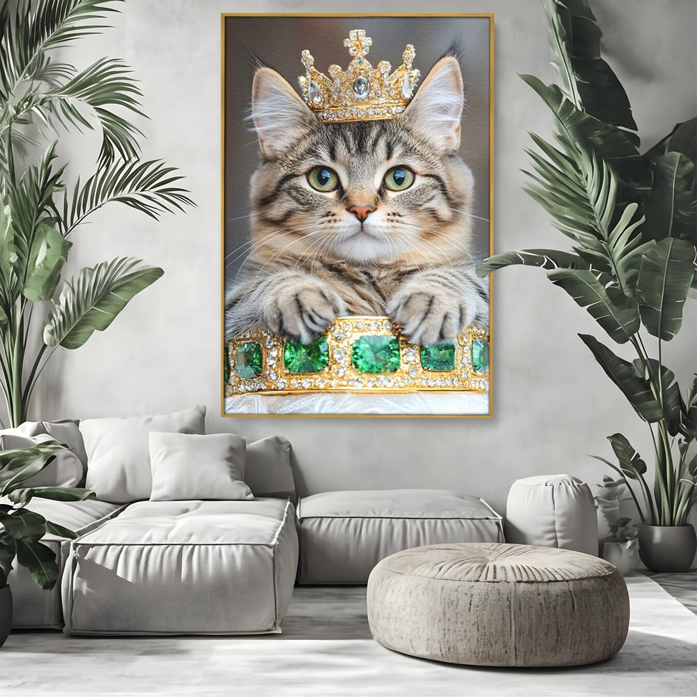 Tablou Canvas Premium, LuxCanva® M1227, Regele Smarald, Motan, Blanita, Coroana, Rege, Bijuterie, Diamante, Regat, Smarald, Nobil, Pufos, Portret, Birou, Living, Camera Copil