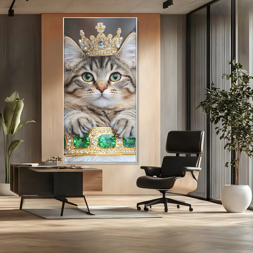 Tablou Canvas Premium, LuxCanva® M1227, Regele Smarald, Motan, Blanita, Coroana, Rege, Bijuterie, Diamante, Regat, Smarald, Nobil, Pufos, Portret, Birou, Living, Camera Copil