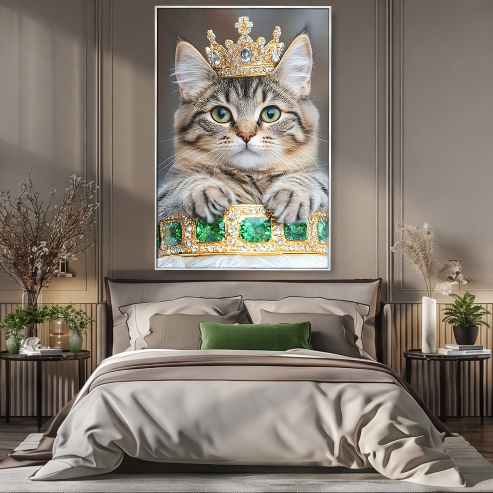 Tablou Canvas Premium, LuxCanva® M1227, Regele Smarald, Motan, Blanita, Coroana, Rege, Bijuterie, Diamante, Regat, Smarald, Nobil, Pufos, Portret, Birou, Living, Camera Copil