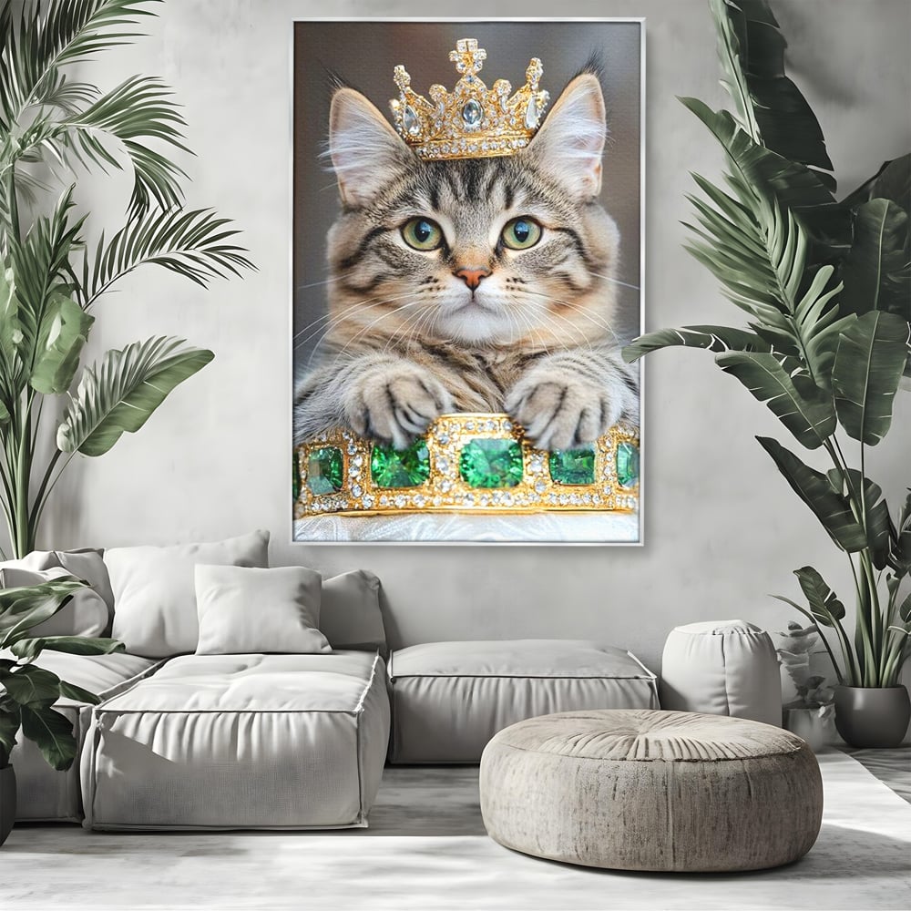Tablou Canvas Premium, LuxCanva® M1227, Regele Smarald, Motan, Blanita, Coroana, Rege, Bijuterie, Diamante, Regat, Smarald, Nobil, Pufos, Portret, Birou, Living, Camera Copil