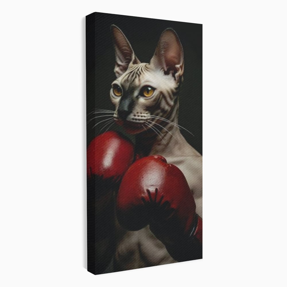 Leinwand Wandbild Canvas Premium, LuxCanva® M1229, Sphynx Kick, Katze, Sphynx, Muschi, kraftvoll, Schnurrbart, motiviert, Boxen, Champion, Handschuhe, Sport, Energie, Büro, Wohnen, Kinderzimmer