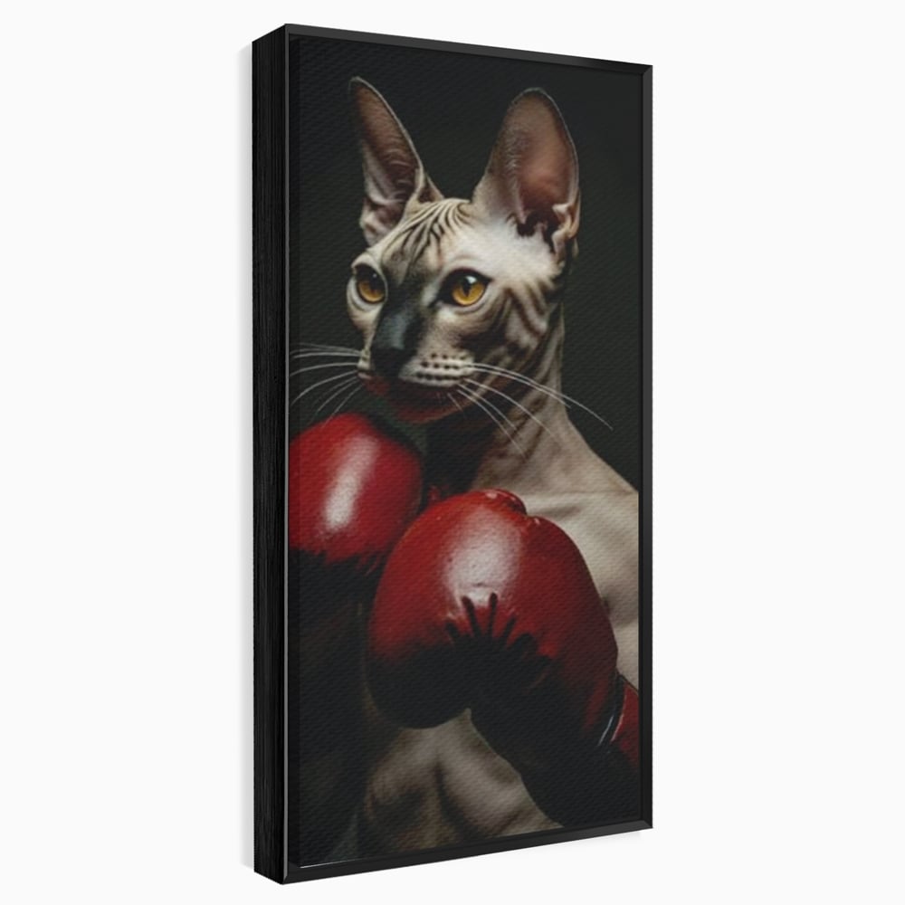 Leinwand Wandbild Canvas Premium, LuxCanva® M1229, Sphynx Kick, Katze, Sphynx, Muschi, kraftvoll, Schnurrbart, motiviert, Boxen, Champion, Handschuhe, Sport, Energie, Büro, Wohnen, Kinderzimmer