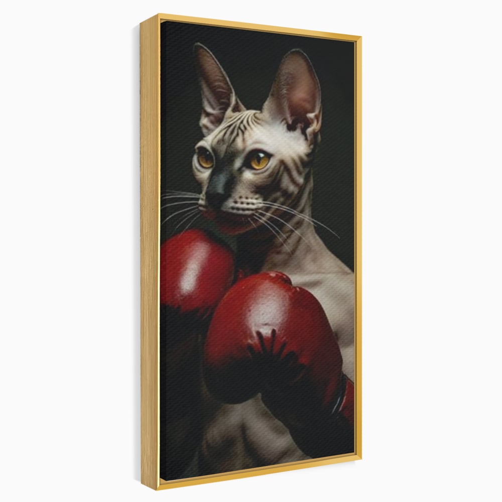 Leinwand Wandbild Canvas Premium, LuxCanva® M1229, Sphynx Kick, Katze, Sphynx, Muschi, kraftvoll, Schnurrbart, motiviert, Boxen, Champion, Handschuhe, Sport, Energie, Büro, Wohnen, Kinderzimmer