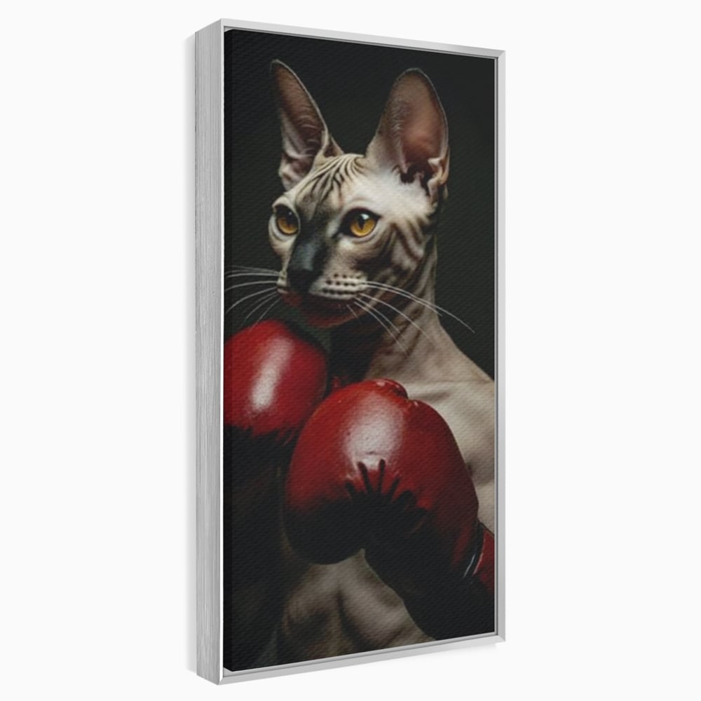 Leinwand Wandbild Canvas Premium, LuxCanva® M1229, Sphynx Kick, Katze, Sphynx, Muschi, kraftvoll, Schnurrbart, motiviert, Boxen, Champion, Handschuhe, Sport, Energie, Büro, Wohnen, Kinderzimmer