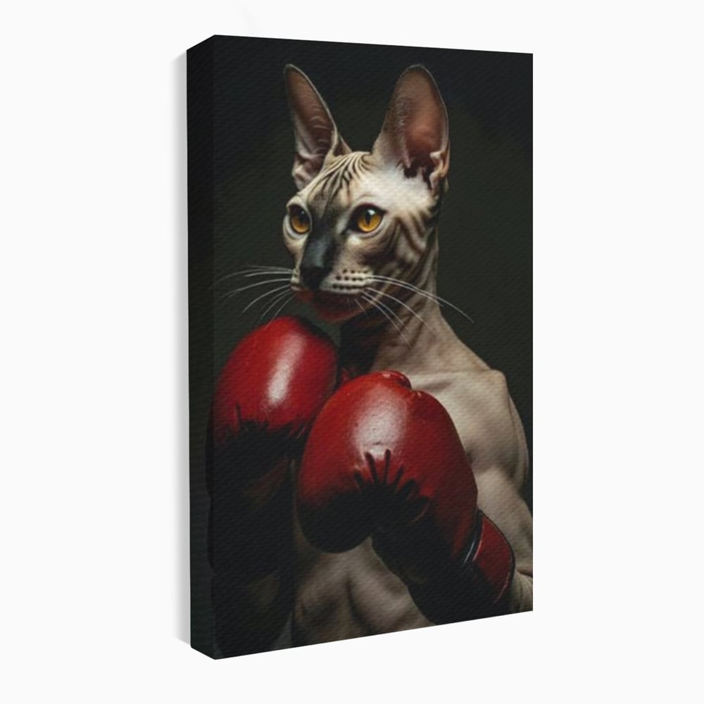 Leinwand Wandbild Canvas Premium, LuxCanva® M1229, Sphynx Kick, Katze, Sphynx, Muschi, kraftvoll, Schnurrbart, motiviert, Boxen, Champion, Handschuhe, Sport, Energie, Büro, Wohnen, Kinderzimmer
