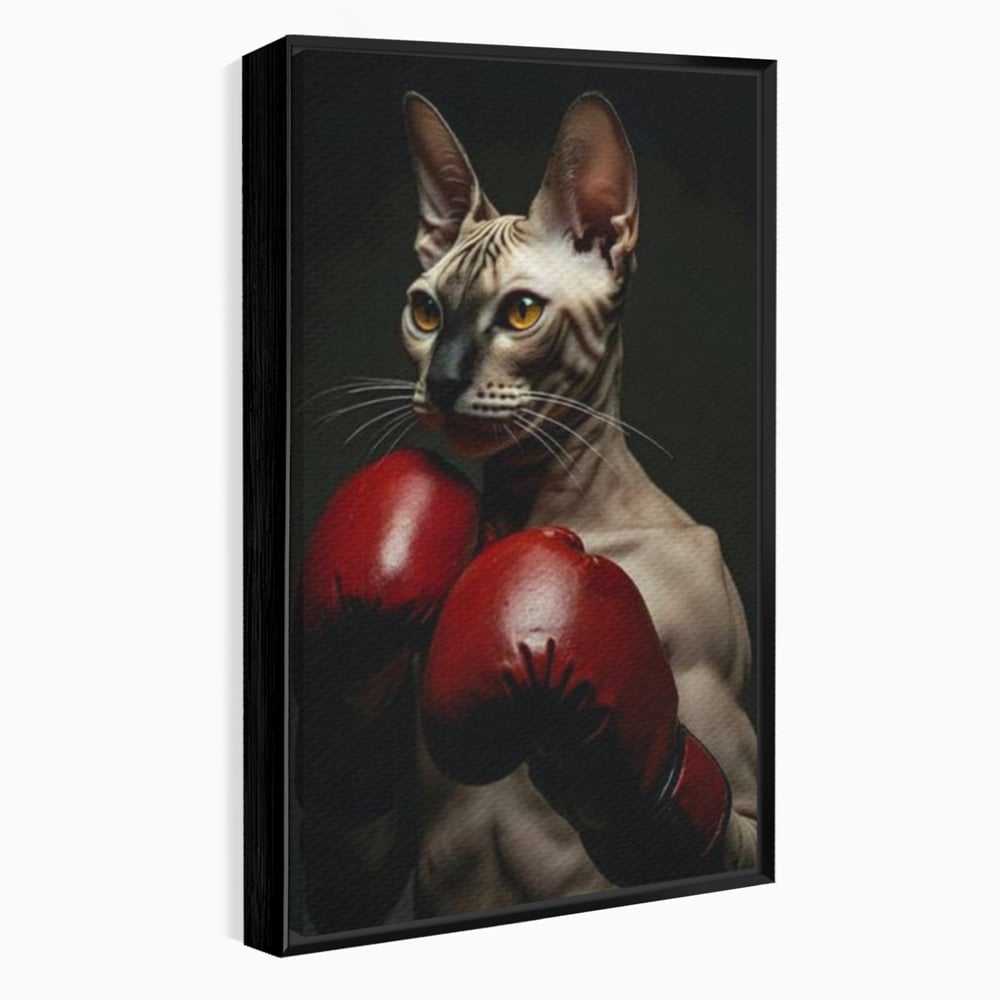 Leinwand Wandbild Canvas Premium, LuxCanva® M1229, Sphynx Kick, Katze, Sphynx, Muschi, kraftvoll, Schnurrbart, motiviert, Boxen, Champion, Handschuhe, Sport, Energie, Büro, Wohnen, Kinderzimmer