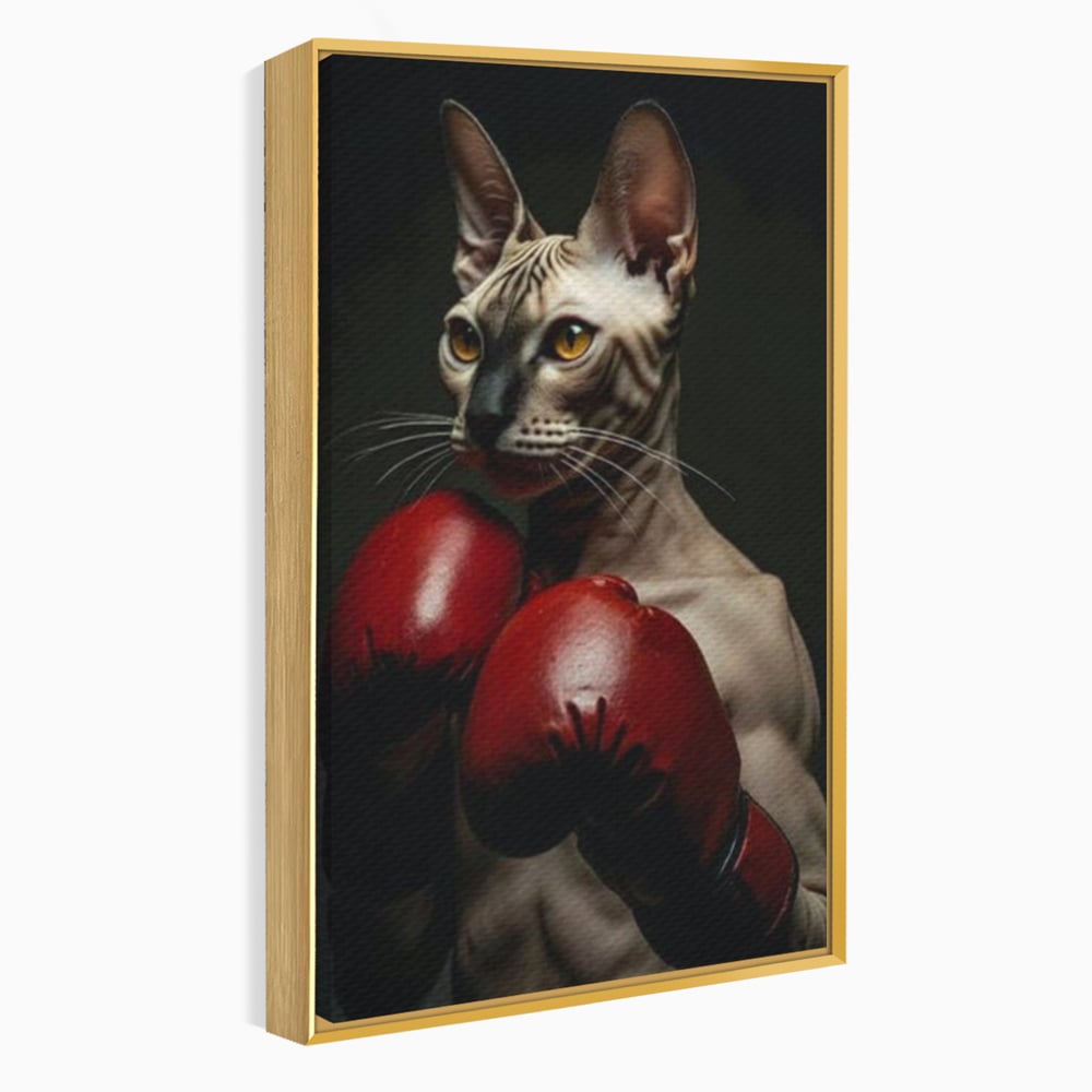 Leinwand Wandbild Canvas Premium, LuxCanva® M1229, Sphynx Kick, Katze, Sphynx, Muschi, kraftvoll, Schnurrbart, motiviert, Boxen, Champion, Handschuhe, Sport, Energie, Büro, Wohnen, Kinderzimmer