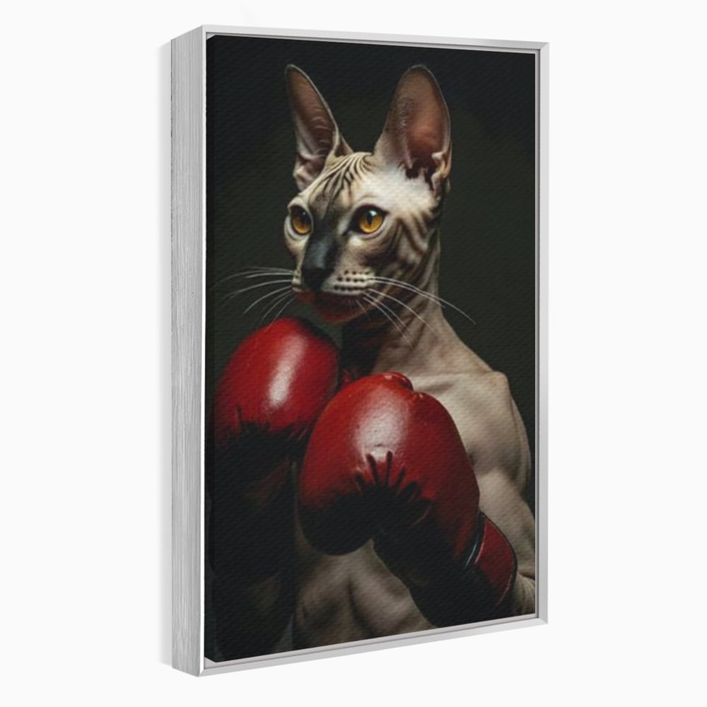 Leinwand Wandbild Canvas Premium, LuxCanva® M1229, Sphynx Kick, Katze, Sphynx, Muschi, kraftvoll, Schnurrbart, motiviert, Boxen, Champion, Handschuhe, Sport, Energie, Büro, Wohnen, Kinderzimmer