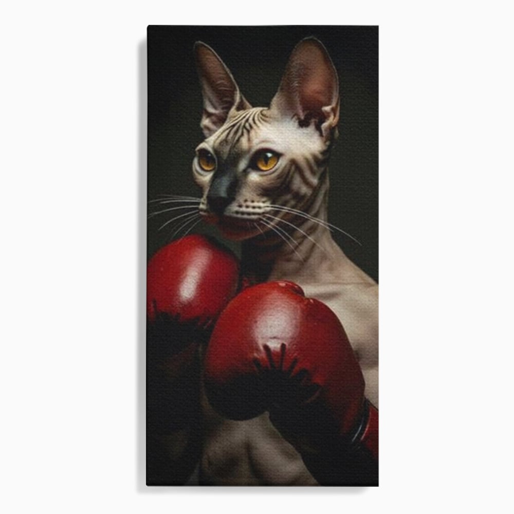 Leinwand Wandbild Canvas Premium, LuxCanva® M1229, Sphynx Kick, Katze, Sphynx, Muschi, kraftvoll, Schnurrbart, motiviert, Boxen, Champion, Handschuhe, Sport, Energie, Büro, Wohnen, Kinderzimmer