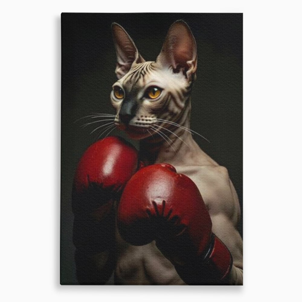 Leinwand Wandbild Canvas Premium, LuxCanva® M1229, Sphynx Kick, Katze, Sphynx, Muschi, kraftvoll, Schnurrbart, motiviert, Boxen, Champion, Handschuhe, Sport, Energie, Büro, Wohnen, Kinderzimmer