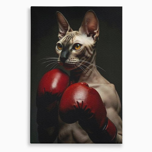 Leinwand Wandbild Canvas Premium, LuxCanva® M1229, Sphynx Kick, Katze, Sphynx, Muschi, kraftvoll, Schnurrbart, motiviert, Boxen, Champion, Handschuhe, Sport, Energie, Büro, Wohnen, Kinderzimmer