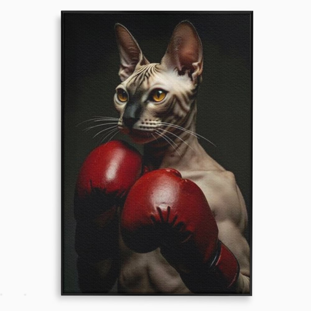 Leinwand Wandbild Canvas Premium, LuxCanva® M1229, Sphynx Kick, Katze, Sphynx, Muschi, kraftvoll, Schnurrbart, motiviert, Boxen, Champion, Handschuhe, Sport, Energie, Büro, Wohnen, Kinderzimmer