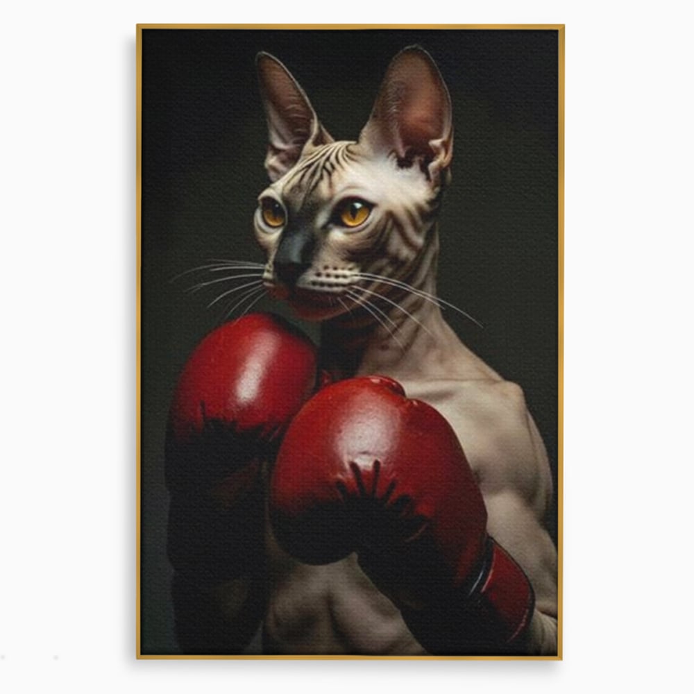 Leinwand Wandbild Canvas Premium, LuxCanva® M1229, Sphynx Kick, Katze, Sphynx, Muschi, kraftvoll, Schnurrbart, motiviert, Boxen, Champion, Handschuhe, Sport, Energie, Büro, Wohnen, Kinderzimmer