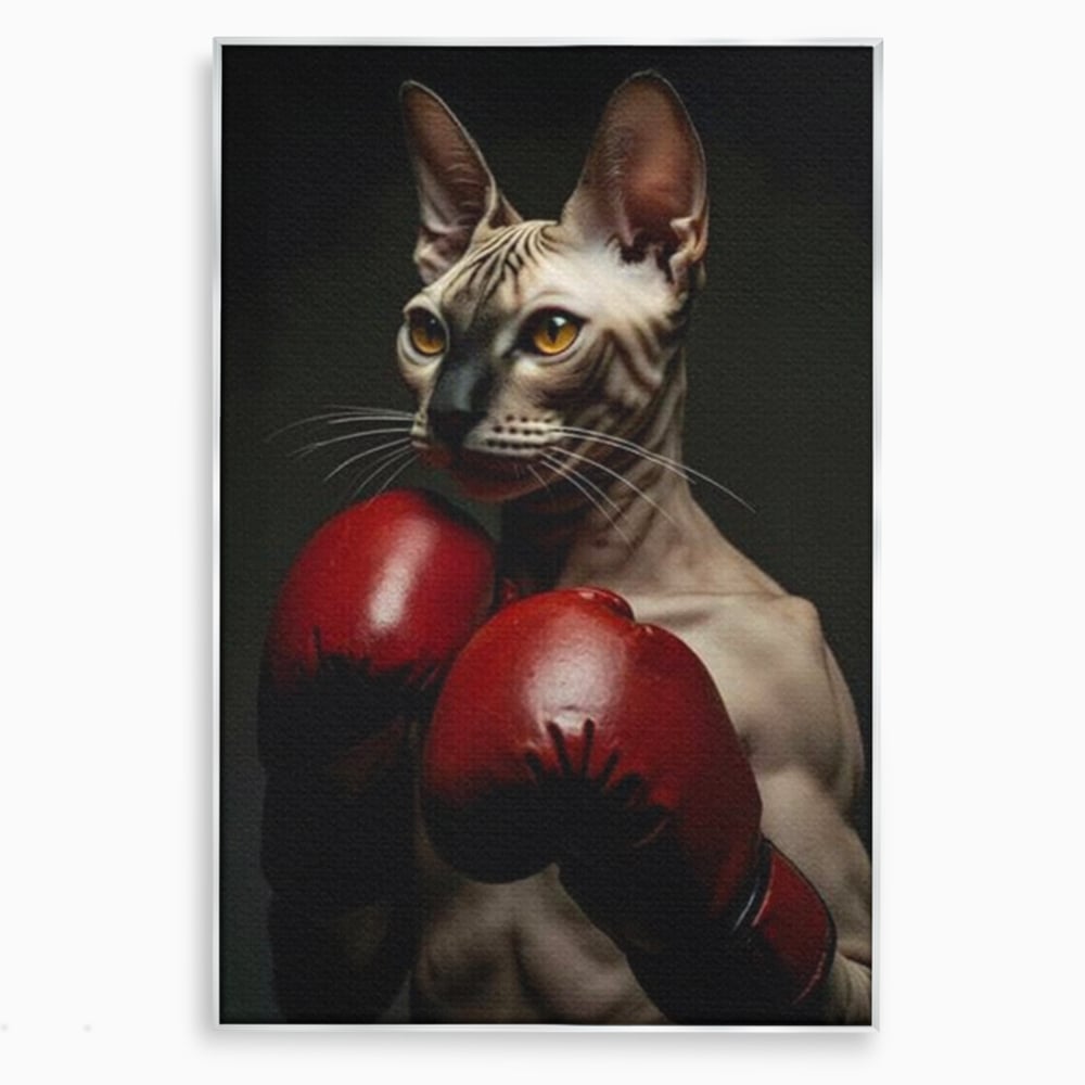 Leinwand Wandbild Canvas Premium, LuxCanva® M1229, Sphynx Kick, Katze, Sphynx, Muschi, kraftvoll, Schnurrbart, motiviert, Boxen, Champion, Handschuhe, Sport, Energie, Büro, Wohnen, Kinderzimmer