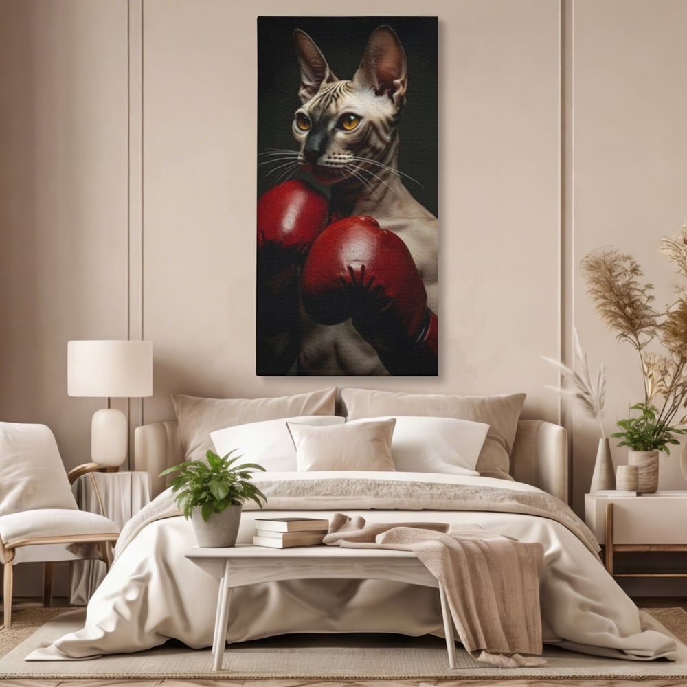 Leinwand Wandbild Canvas Premium, LuxCanva® M1229, Sphynx Kick, Katze, Sphynx, Muschi, kraftvoll, Schnurrbart, motiviert, Boxen, Champion, Handschuhe, Sport, Energie, Büro, Wohnen, Kinderzimmer