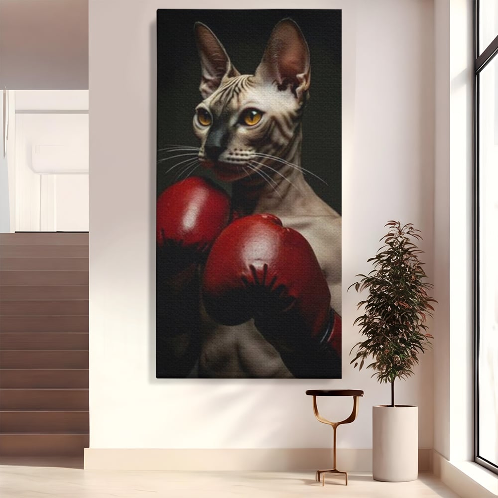 Leinwand Wandbild Canvas Premium, LuxCanva® M1229, Sphynx Kick, Katze, Sphynx, Muschi, kraftvoll, Schnurrbart, motiviert, Boxen, Champion, Handschuhe, Sport, Energie, Büro, Wohnen, Kinderzimmer