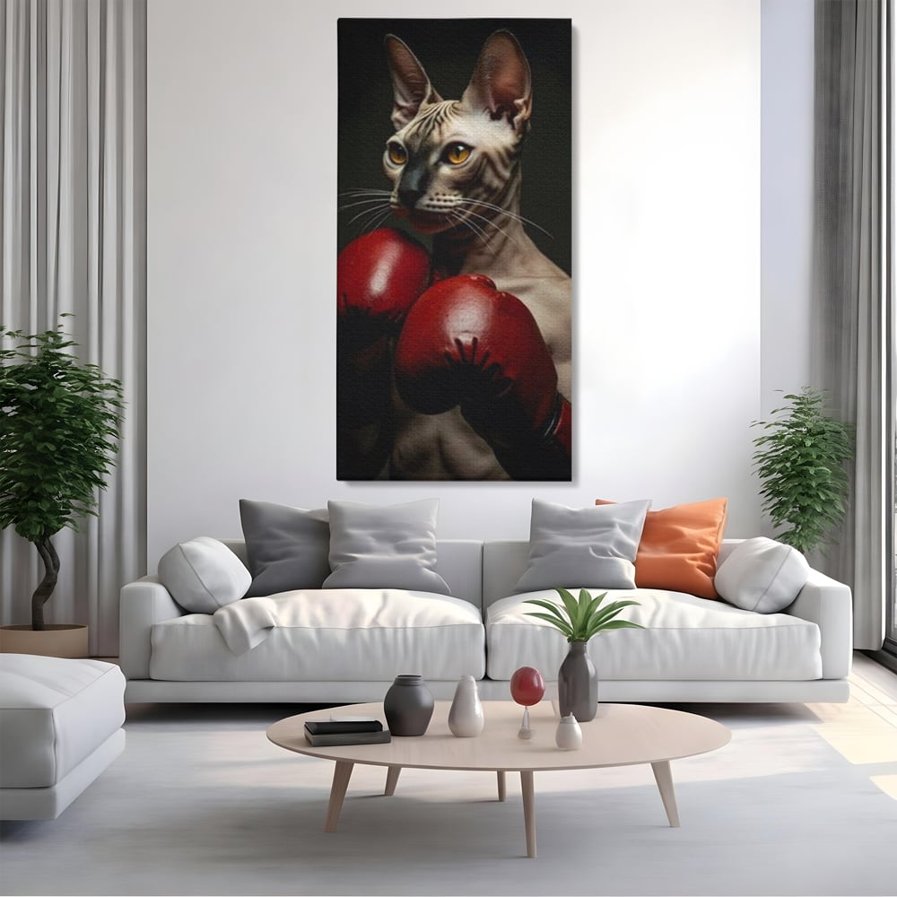 Leinwand Wandbild Canvas Premium, LuxCanva® M1229, Sphynx Kick, Katze, Sphynx, Muschi, kraftvoll, Schnurrbart, motiviert, Boxen, Champion, Handschuhe, Sport, Energie, Büro, Wohnen, Kinderzimmer