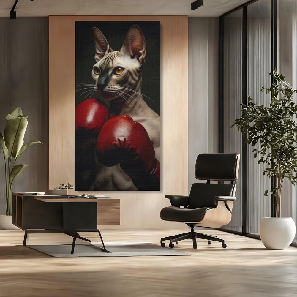 Leinwand Wandbild Canvas Premium, LuxCanva® M1229, Sphynx Kick, Katze, Sphynx, Muschi, kraftvoll, Schnurrbart, motiviert, Boxen, Champion, Handschuhe, Sport, Energie, Büro, Wohnen, Kinderzimmer