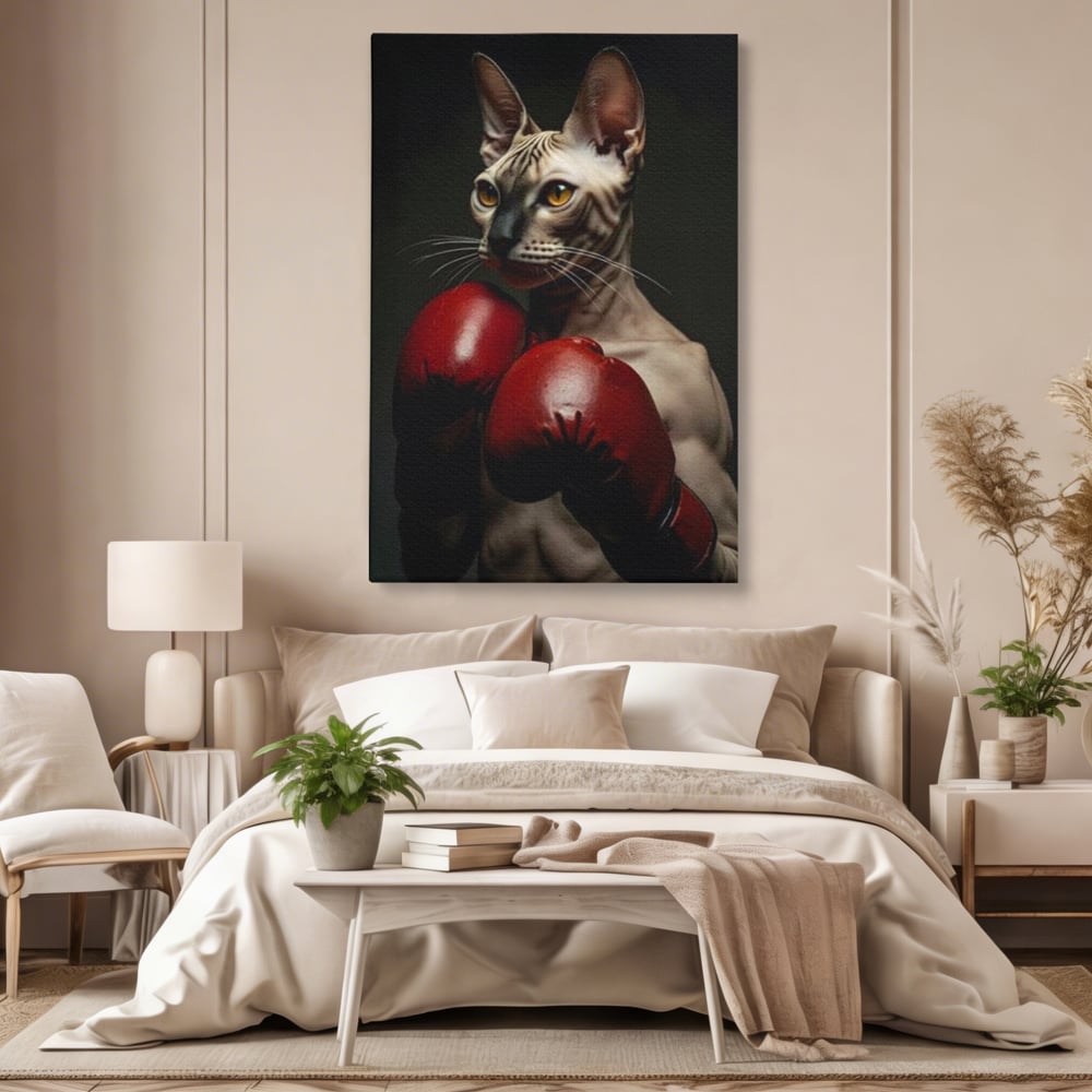 Leinwand Wandbild Canvas Premium, LuxCanva® M1229, Sphynx Kick, Katze, Sphynx, Muschi, kraftvoll, Schnurrbart, motiviert, Boxen, Champion, Handschuhe, Sport, Energie, Büro, Wohnen, Kinderzimmer