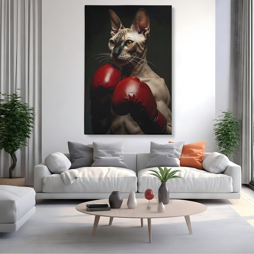 Leinwand Wandbild Canvas Premium, LuxCanva® M1229, Sphynx Kick, Katze, Sphynx, Muschi, kraftvoll, Schnurrbart, motiviert, Boxen, Champion, Handschuhe, Sport, Energie, Büro, Wohnen, Kinderzimmer