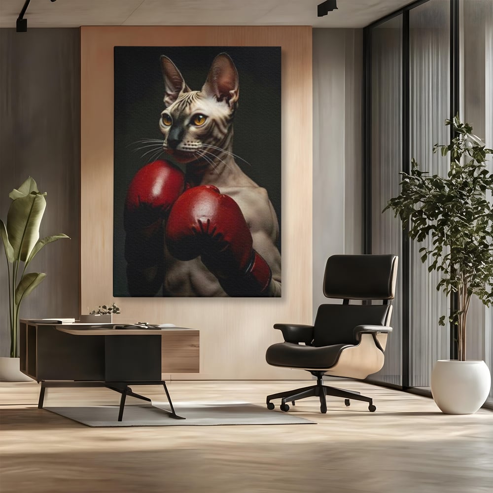 Leinwand Wandbild Canvas Premium, LuxCanva® M1229, Sphynx Kick, Katze, Sphynx, Muschi, kraftvoll, Schnurrbart, motiviert, Boxen, Champion, Handschuhe, Sport, Energie, Büro, Wohnen, Kinderzimmer