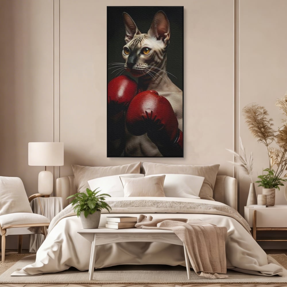 Leinwand Wandbild Canvas Premium, LuxCanva® M1229, Sphynx Kick, Katze, Sphynx, Muschi, kraftvoll, Schnurrbart, motiviert, Boxen, Champion, Handschuhe, Sport, Energie, Büro, Wohnen, Kinderzimmer