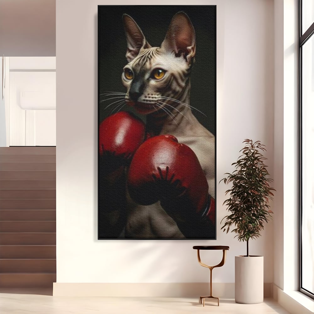 Leinwand Wandbild Canvas Premium, LuxCanva® M1229, Sphynx Kick, Katze, Sphynx, Muschi, kraftvoll, Schnurrbart, motiviert, Boxen, Champion, Handschuhe, Sport, Energie, Büro, Wohnen, Kinderzimmer