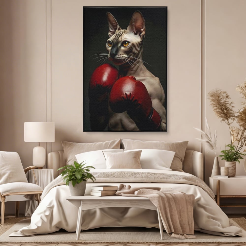 Leinwand Wandbild Canvas Premium, LuxCanva® M1229, Sphynx Kick, Katze, Sphynx, Muschi, kraftvoll, Schnurrbart, motiviert, Boxen, Champion, Handschuhe, Sport, Energie, Büro, Wohnen, Kinderzimmer