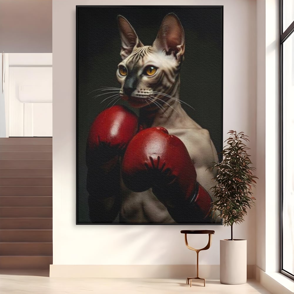 Leinwand Wandbild Canvas Premium, LuxCanva® M1229, Sphynx Kick, Katze, Sphynx, Muschi, kraftvoll, Schnurrbart, motiviert, Boxen, Champion, Handschuhe, Sport, Energie, Büro, Wohnen, Kinderzimmer