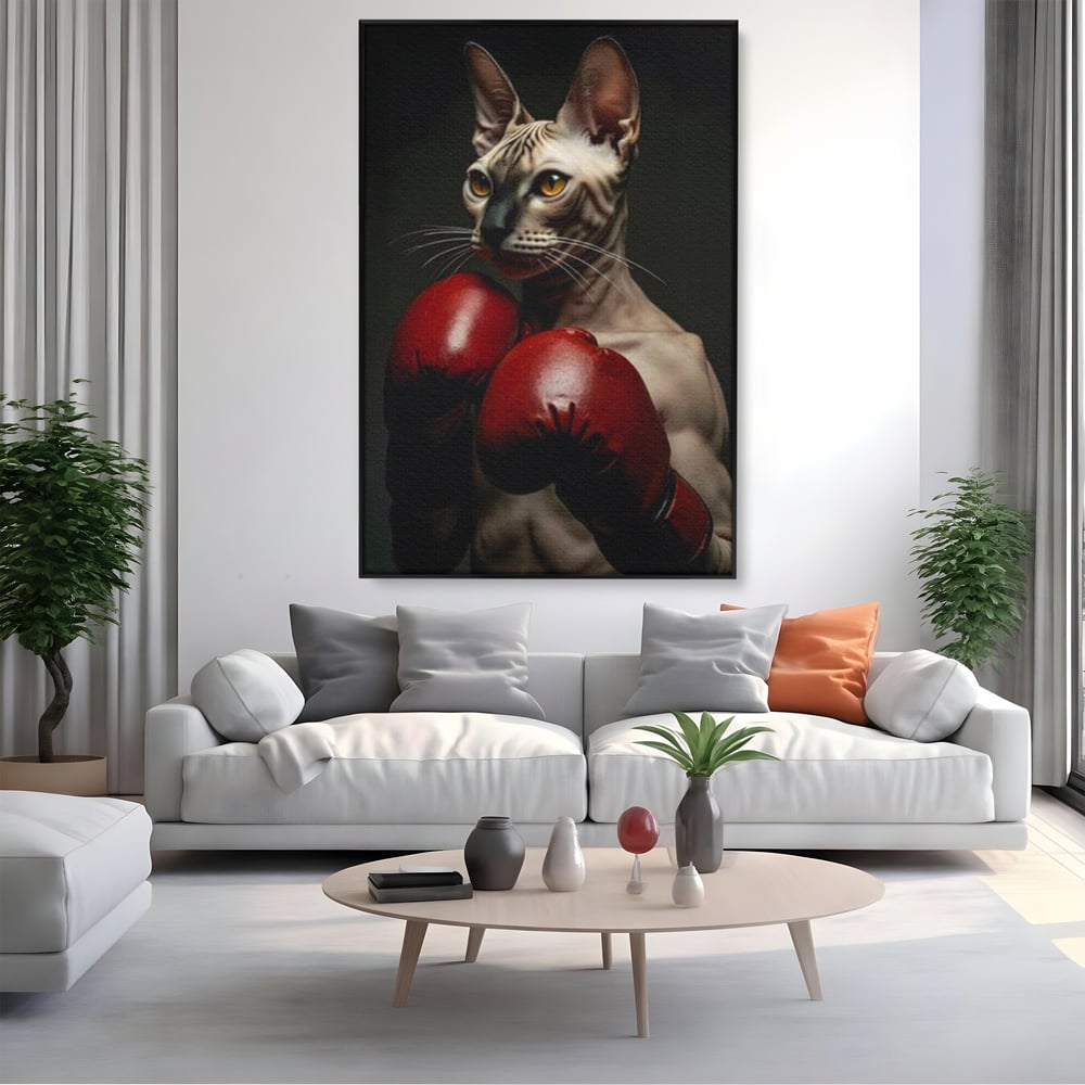 Leinwand Wandbild Canvas Premium, LuxCanva® M1229, Sphynx Kick, Katze, Sphynx, Muschi, kraftvoll, Schnurrbart, motiviert, Boxen, Champion, Handschuhe, Sport, Energie, Büro, Wohnen, Kinderzimmer