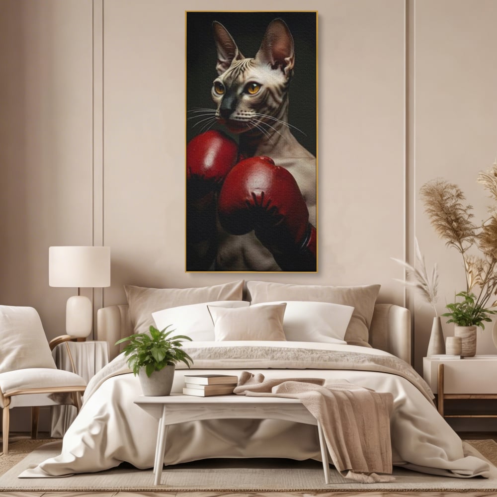 Leinwand Wandbild Canvas Premium, LuxCanva® M1229, Sphynx Kick, Katze, Sphynx, Muschi, kraftvoll, Schnurrbart, motiviert, Boxen, Champion, Handschuhe, Sport, Energie, Büro, Wohnen, Kinderzimmer