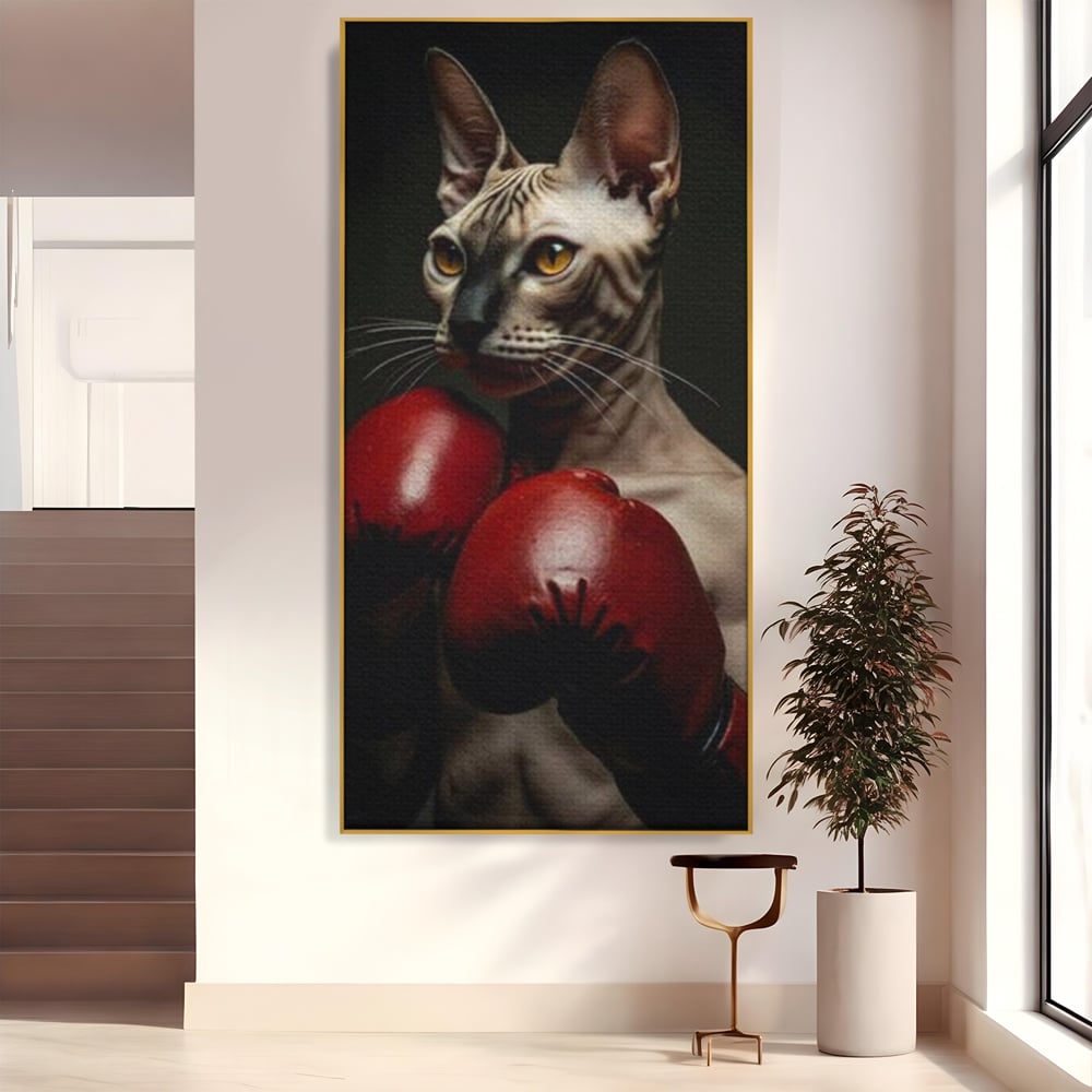 Leinwand Wandbild Canvas Premium, LuxCanva® M1229, Sphynx Kick, Katze, Sphynx, Muschi, kraftvoll, Schnurrbart, motiviert, Boxen, Champion, Handschuhe, Sport, Energie, Büro, Wohnen, Kinderzimmer