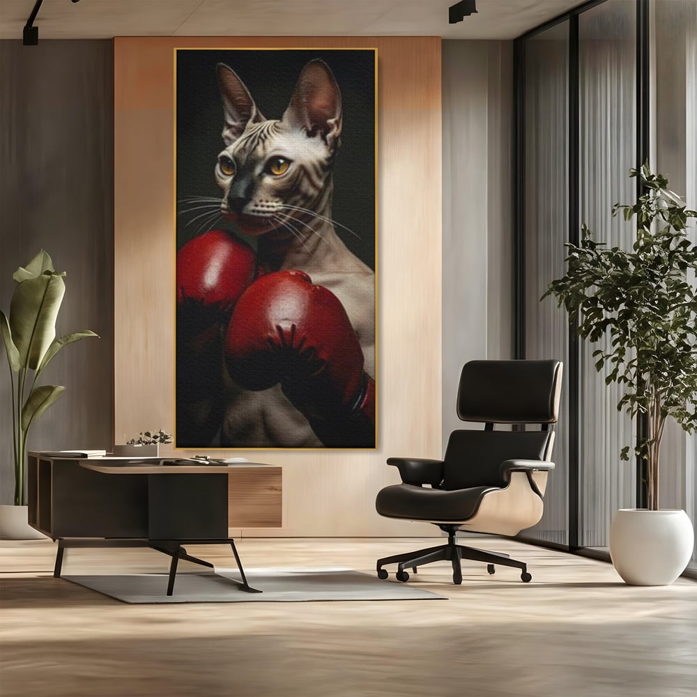 Leinwand Wandbild Canvas Premium, LuxCanva® M1229, Sphynx Kick, Katze, Sphynx, Muschi, kraftvoll, Schnurrbart, motiviert, Boxen, Champion, Handschuhe, Sport, Energie, Büro, Wohnen, Kinderzimmer