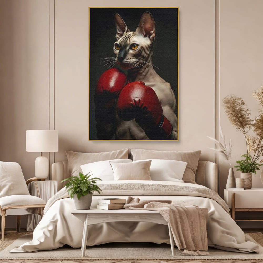 Leinwand Wandbild Canvas Premium, LuxCanva® M1229, Sphynx Kick, Katze, Sphynx, Muschi, kraftvoll, Schnurrbart, motiviert, Boxen, Champion, Handschuhe, Sport, Energie, Büro, Wohnen, Kinderzimmer