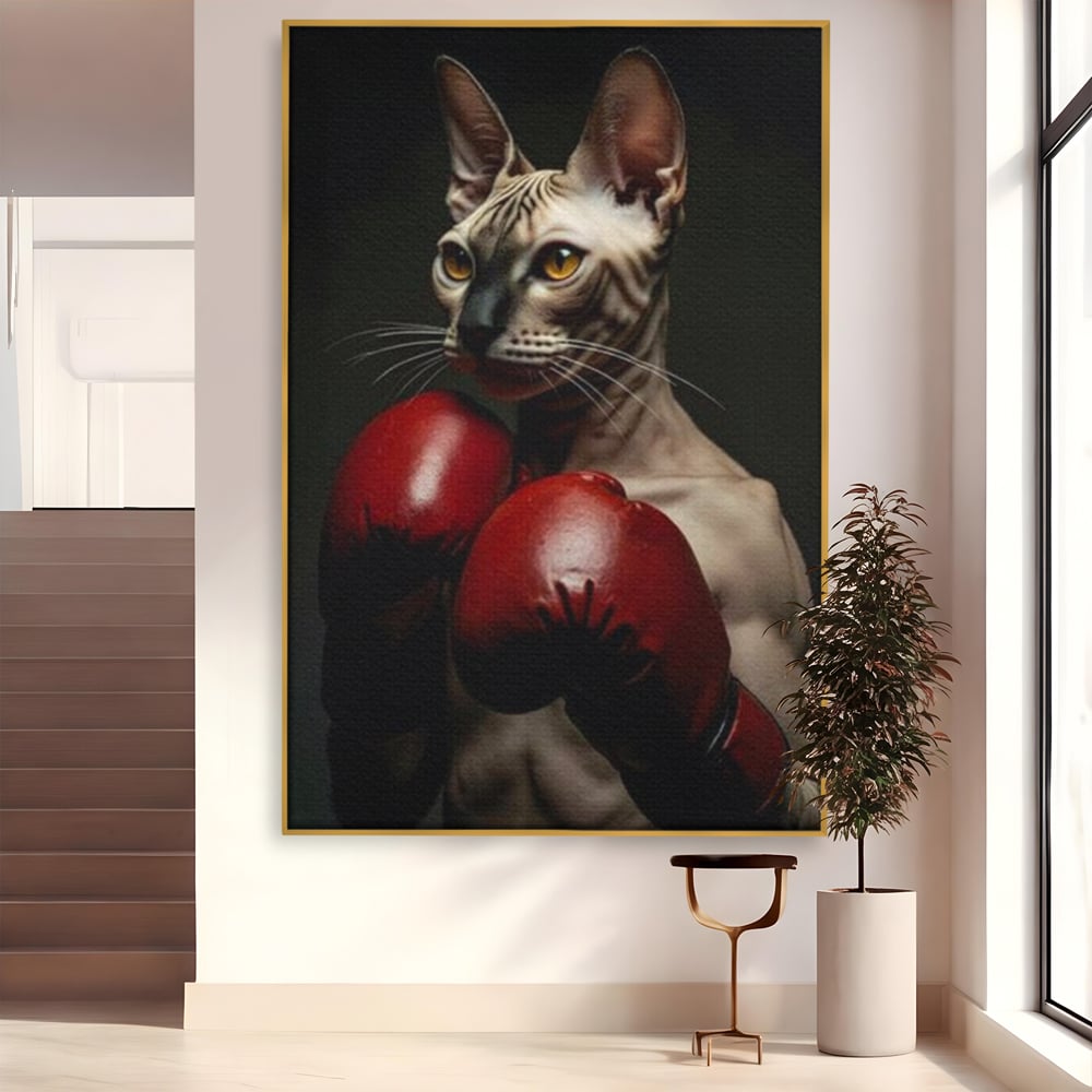 Leinwand Wandbild Canvas Premium, LuxCanva® M1229, Sphynx Kick, Katze, Sphynx, Muschi, kraftvoll, Schnurrbart, motiviert, Boxen, Champion, Handschuhe, Sport, Energie, Büro, Wohnen, Kinderzimmer
