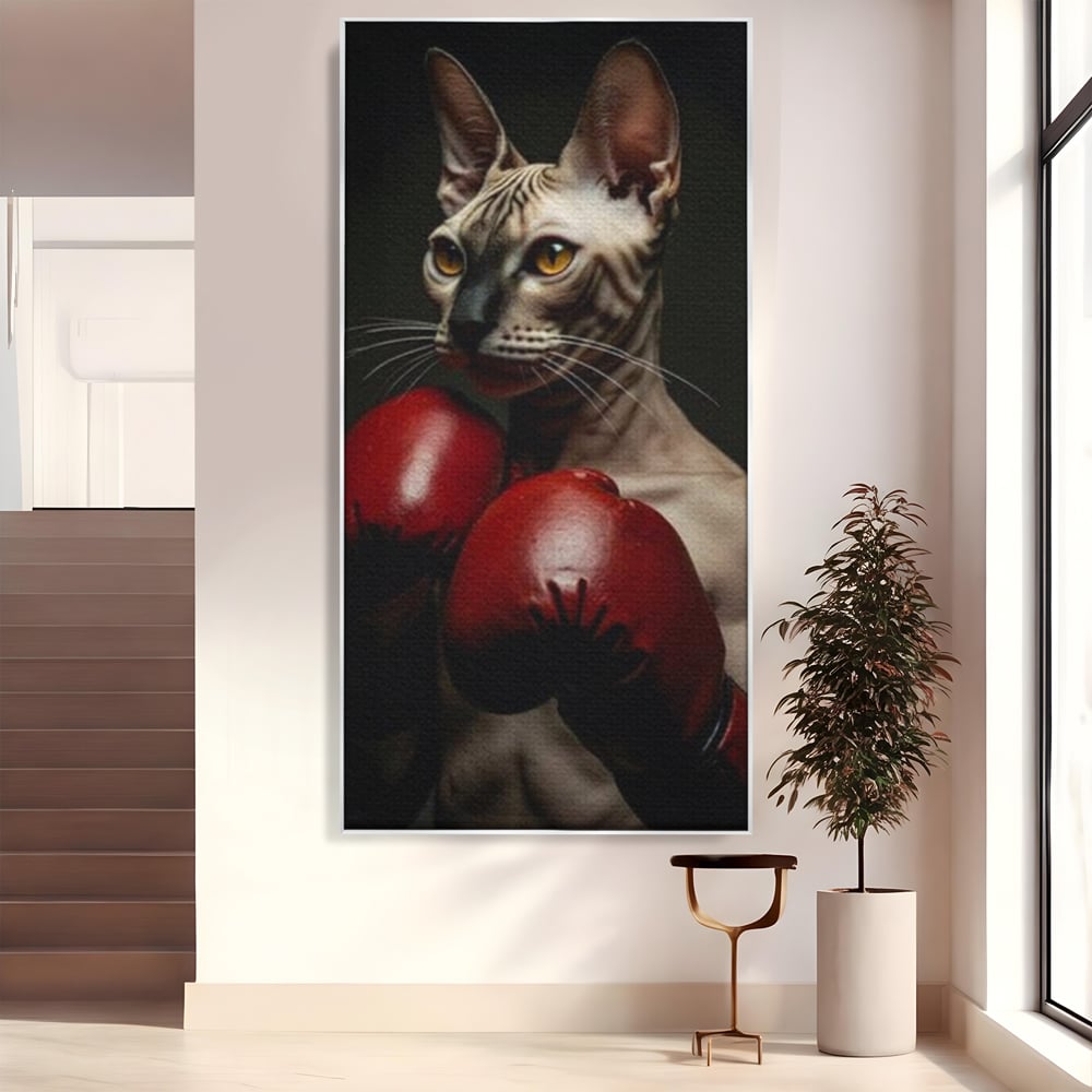 Leinwand Wandbild Canvas Premium, LuxCanva® M1229, Sphynx Kick, Katze, Sphynx, Muschi, kraftvoll, Schnurrbart, motiviert, Boxen, Champion, Handschuhe, Sport, Energie, Büro, Wohnen, Kinderzimmer