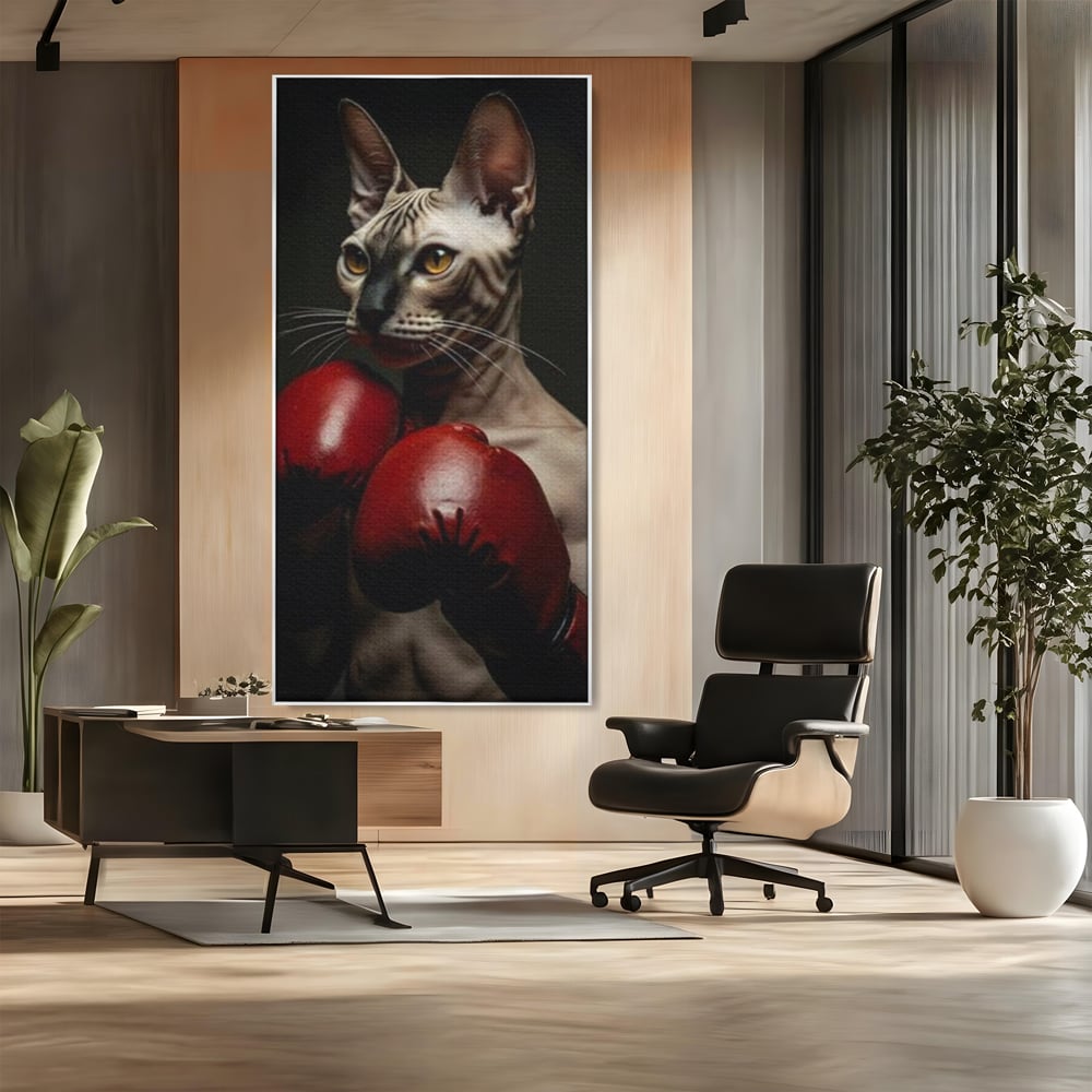 Leinwand Wandbild Canvas Premium, LuxCanva® M1229, Sphynx Kick, Katze, Sphynx, Muschi, kraftvoll, Schnurrbart, motiviert, Boxen, Champion, Handschuhe, Sport, Energie, Büro, Wohnen, Kinderzimmer