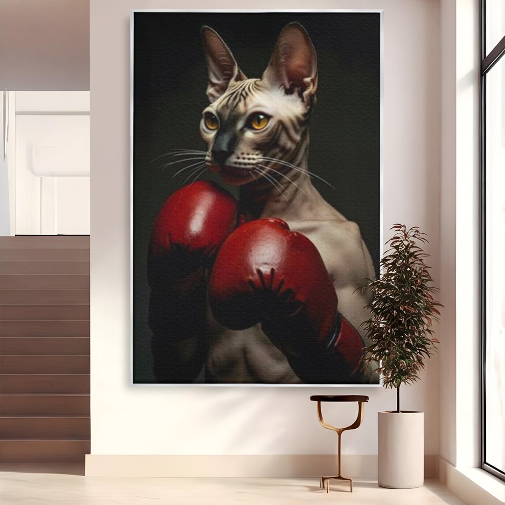 Leinwand Wandbild Canvas Premium, LuxCanva® M1229, Sphynx Kick, Katze, Sphynx, Muschi, kraftvoll, Schnurrbart, motiviert, Boxen, Champion, Handschuhe, Sport, Energie, Büro, Wohnen, Kinderzimmer