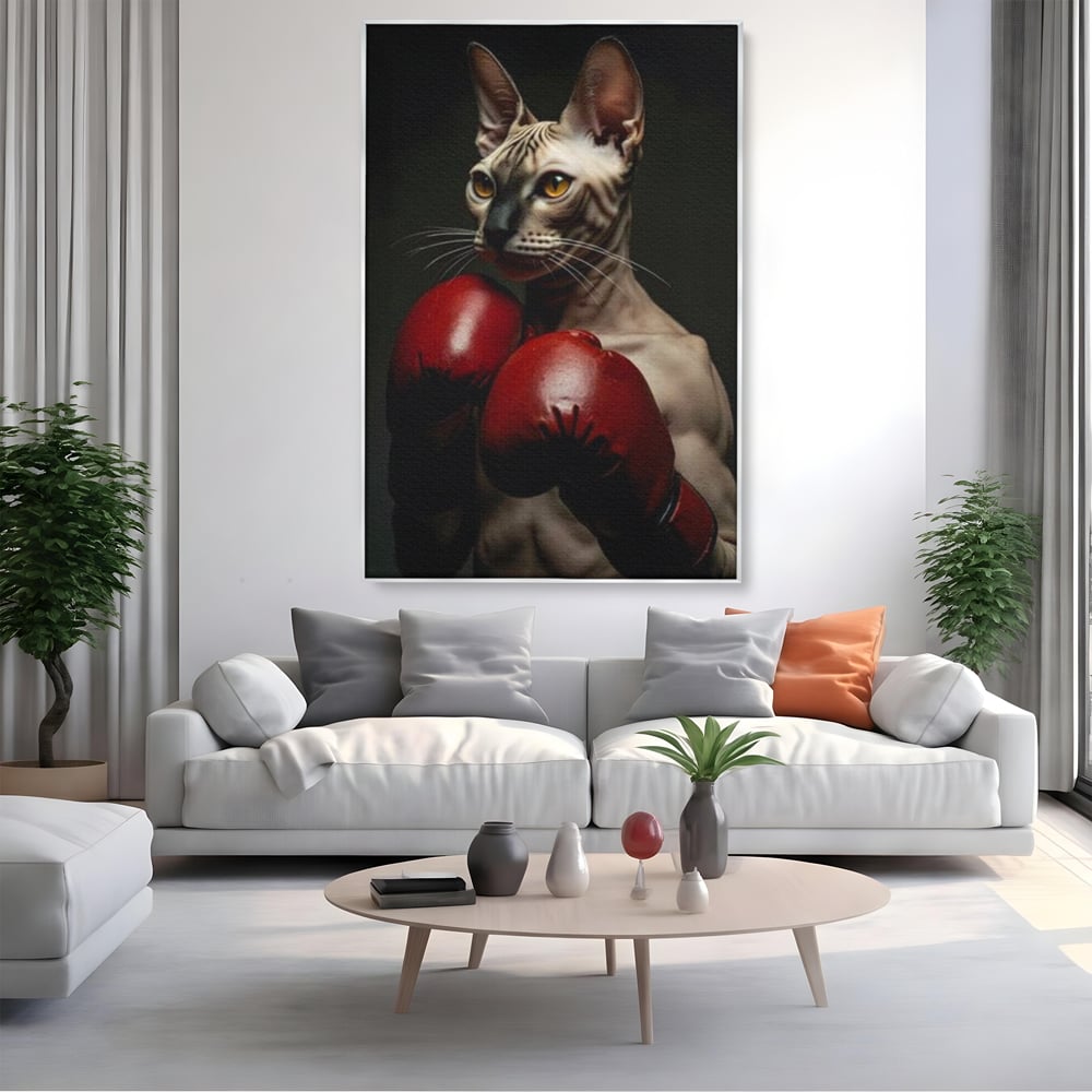Leinwand Wandbild Canvas Premium, LuxCanva® M1229, Sphynx Kick, Katze, Sphynx, Muschi, kraftvoll, Schnurrbart, motiviert, Boxen, Champion, Handschuhe, Sport, Energie, Büro, Wohnen, Kinderzimmer