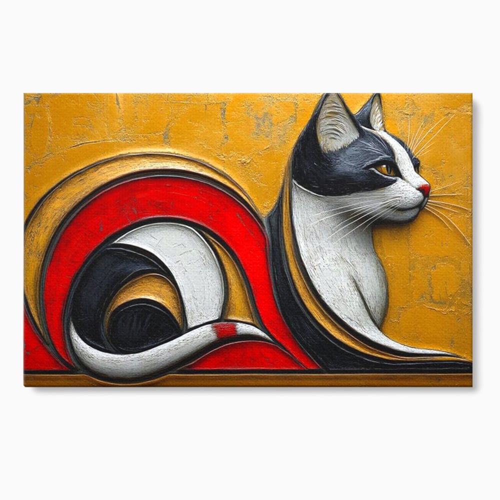 Tablou Canvas Premium, LuxCanva® M1230, Simfonia Mustatilor de Aur, Abstract, Felina, Grafica, Auriu, Profil, Elegant, Forme, Detalii, Antic, Birou, Living, Camera Copil